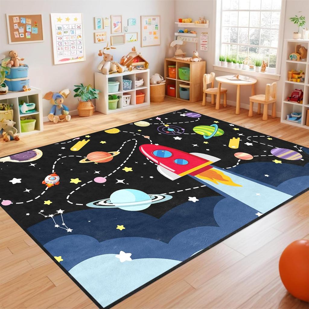 Space Rug - Space Rug for Boys Room Cartoon Solar System Carpet Educational Learning Carpet for Playroom Planet Themed Mat