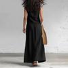 Women's Fashion Color Sleeveless Cotton Linen V-neck Sleeveless Top, Casual Pocket Skirt Two-piece Set