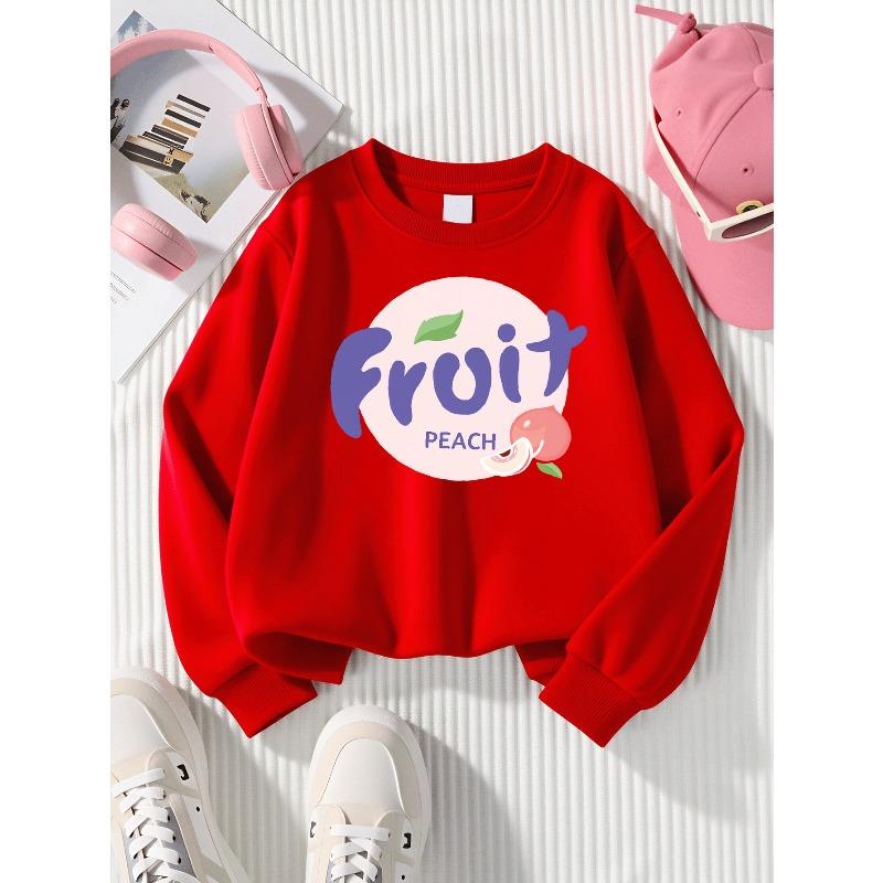 Girls' Round Neck Sweatshirt, Girls' Casual Sweatshirt Printed Round Neck Pullover, Fruit Peach Design Pattern