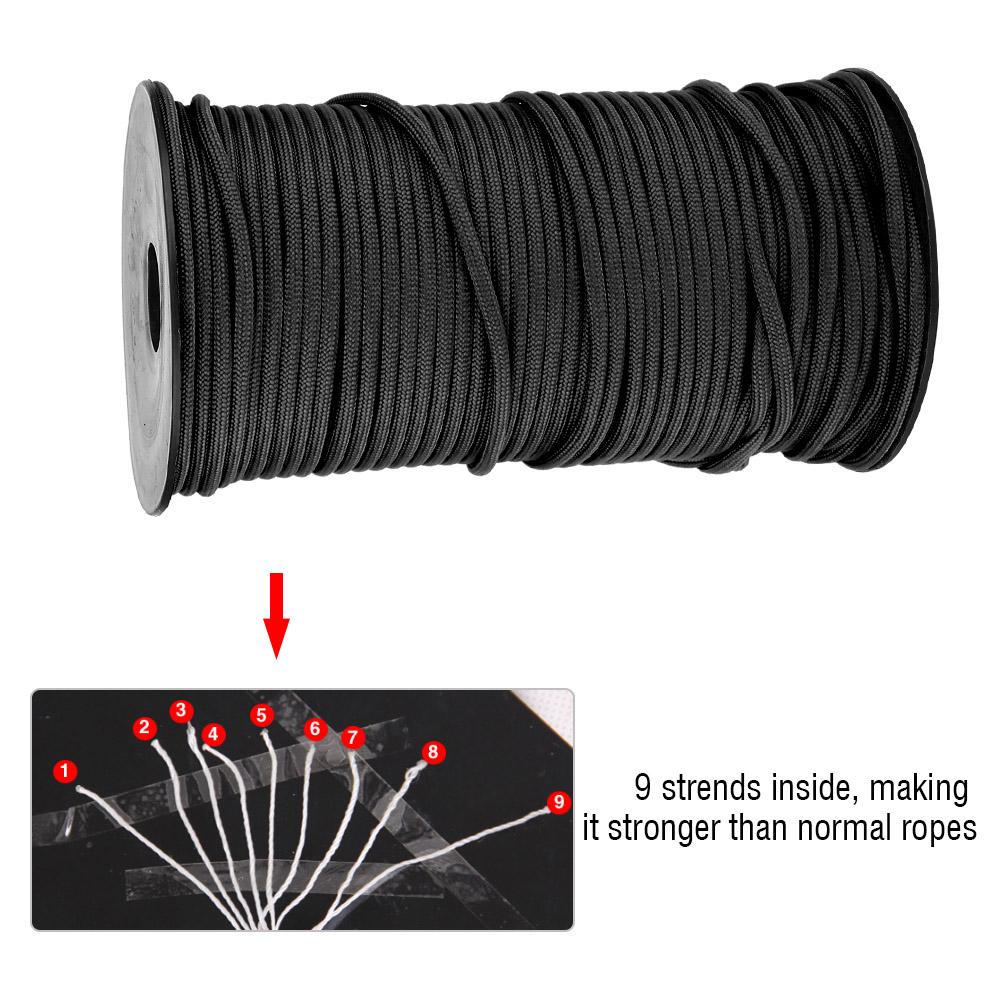 100m 9 Strands 4mm Heavy Duty Parachute Cord Lanyard String Cloth Line Camp Rope (Black)
