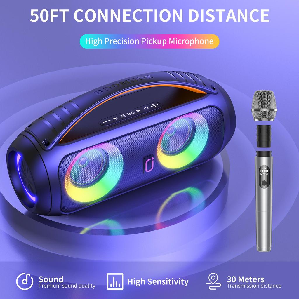 Karaoke Machine with Dual Microphones and Dazzling Lights,IPX5 Waterproof Bluetooth Speaker with Remote Control for Outdoor