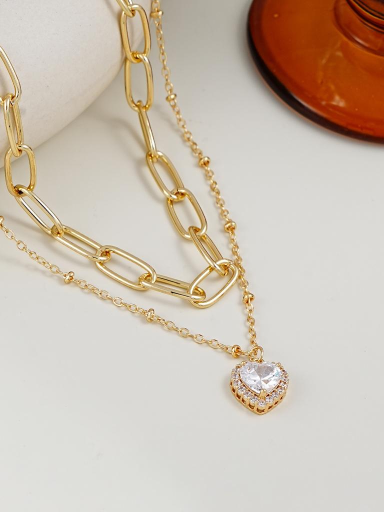 Elegant Fashion Sparkling Heart Pendant Double Layered Collarbone Chain Jewelry Suitable for Daily Commuting & Parties
