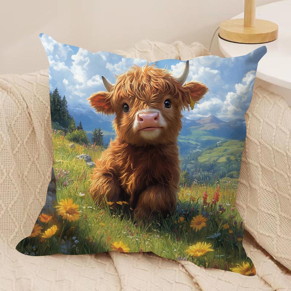 Scottish Highland Cow Cushion Cover Soft Plush Fabric DoubleSided Printed Cushion Covers for All Seasons Modern HomeDecor Gift