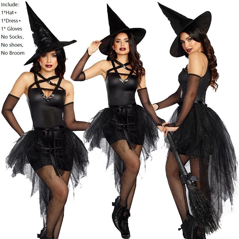 Women Sorceress Costume Halloween Sleeveless V Neck Bubble Witch Cosplay Dress