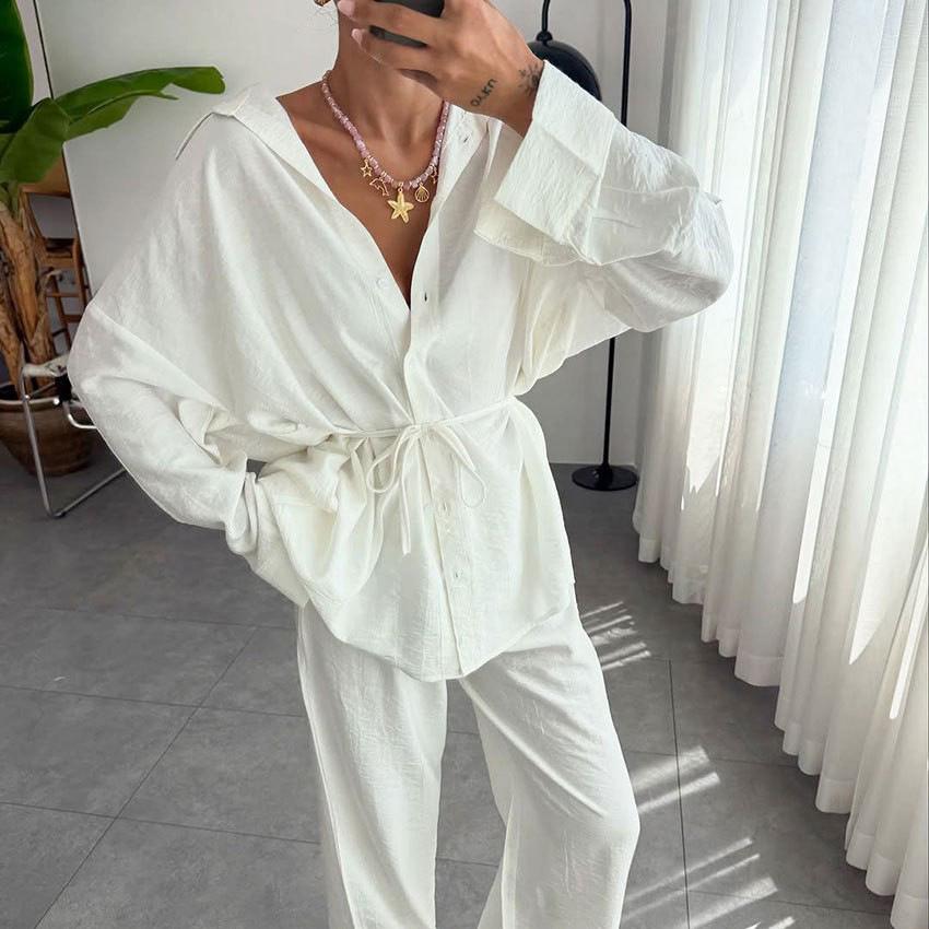European and American New Products, Lazy Style, Solid Color Straps, Cardigan, Drape Wide-leg Pants, Casual Two-piece Set, Women's Pajamas, Loungewear