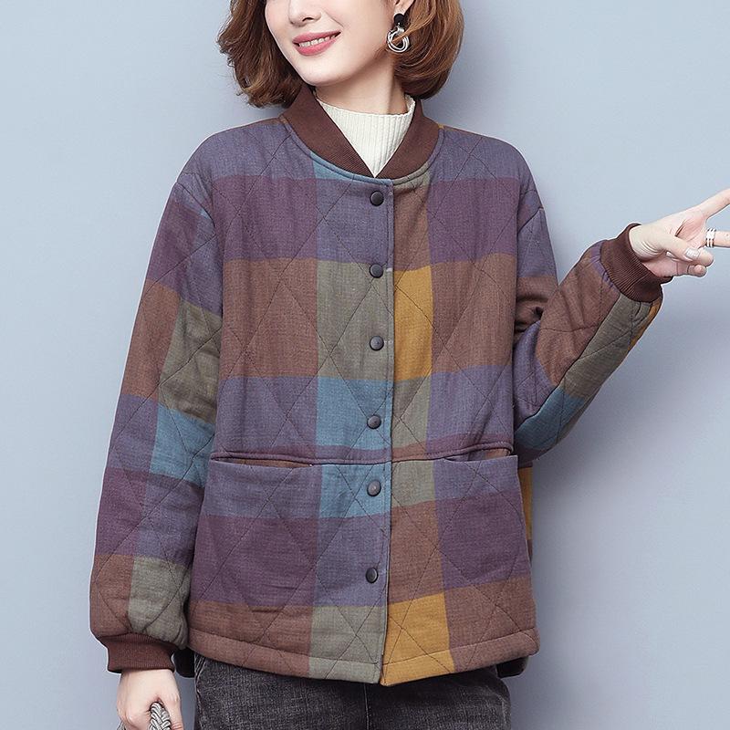 Women's Quilted Plaid Jacket - Autumn/Winter 2024: Thick, Warm, and Loose-Fit for Middle-Aged and Elderly