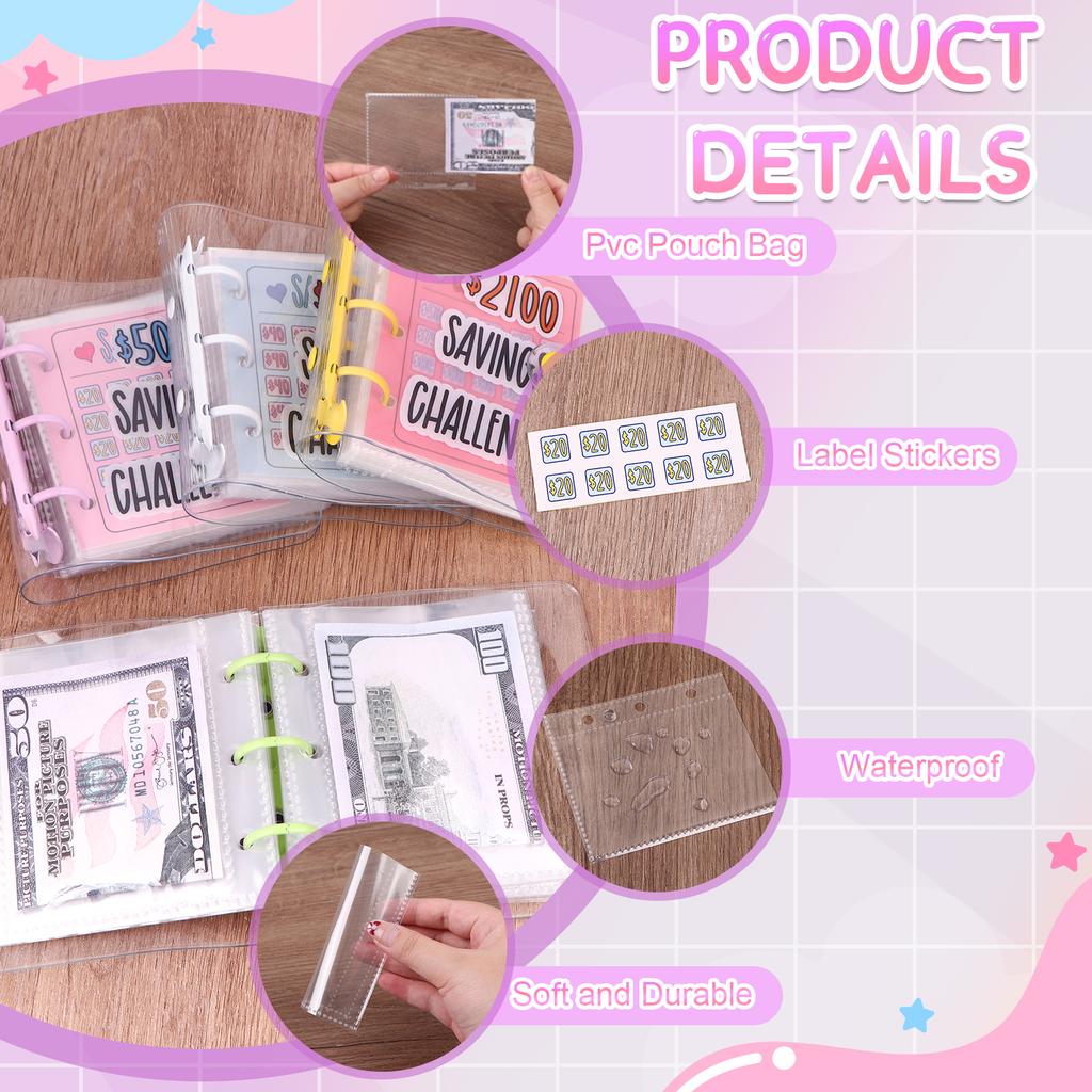 4 Pcs Money Saving Binder Envelope Dollar Savings Challenge Book Save $500 $1000 $2100 $5000 Reusable With Portable Stickers For