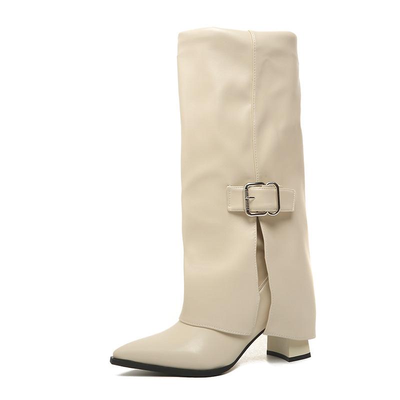 Damen Langstiefel Mode Hohe Absätze Spitze 2026 Designer Kniehohe Lederschuhe Metallschnalle Damen Mujer Botas