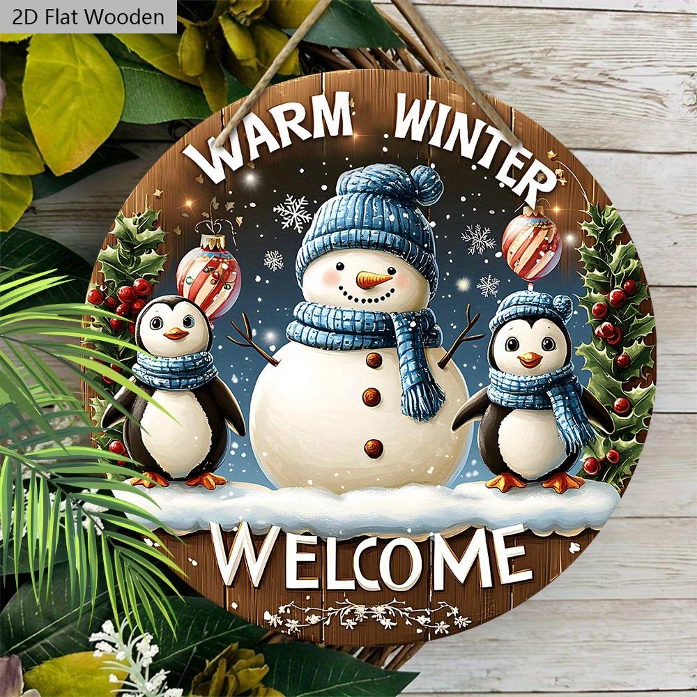 Cute Winter Wonderland Wooden Christmas Sign with Snowman & Penguin Pattern - Navidad Sign for Front Door Wall Hanging Decor - Ideal Christmas Gift