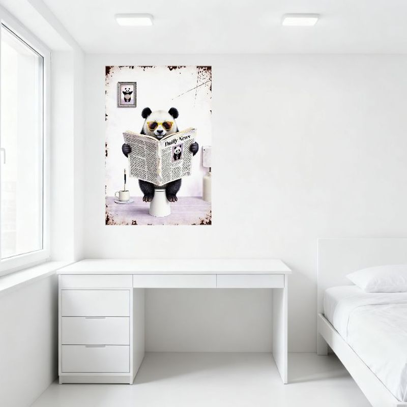 Whimsical Vintage Panda on Toilet Metal Tin Sign, Daily News Reading Illustration Wall Decor for Home Bar Man Cave Cafe Restaura