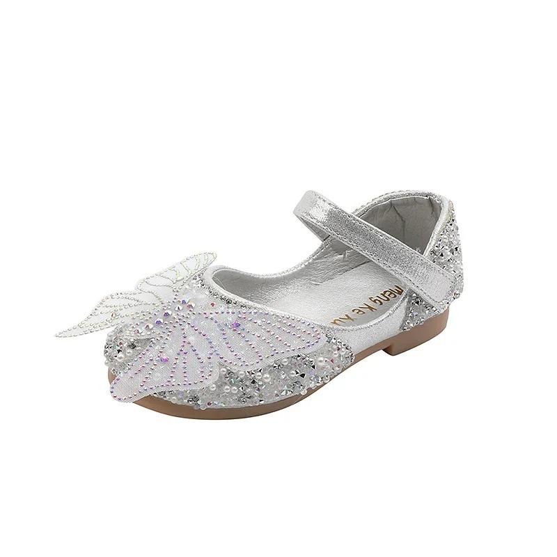 Girls Leather Shoes Children's Lace Butterfly Rhinestone Pearls Beading Performance Single Shoes Fashion Weeding Kids Shoes