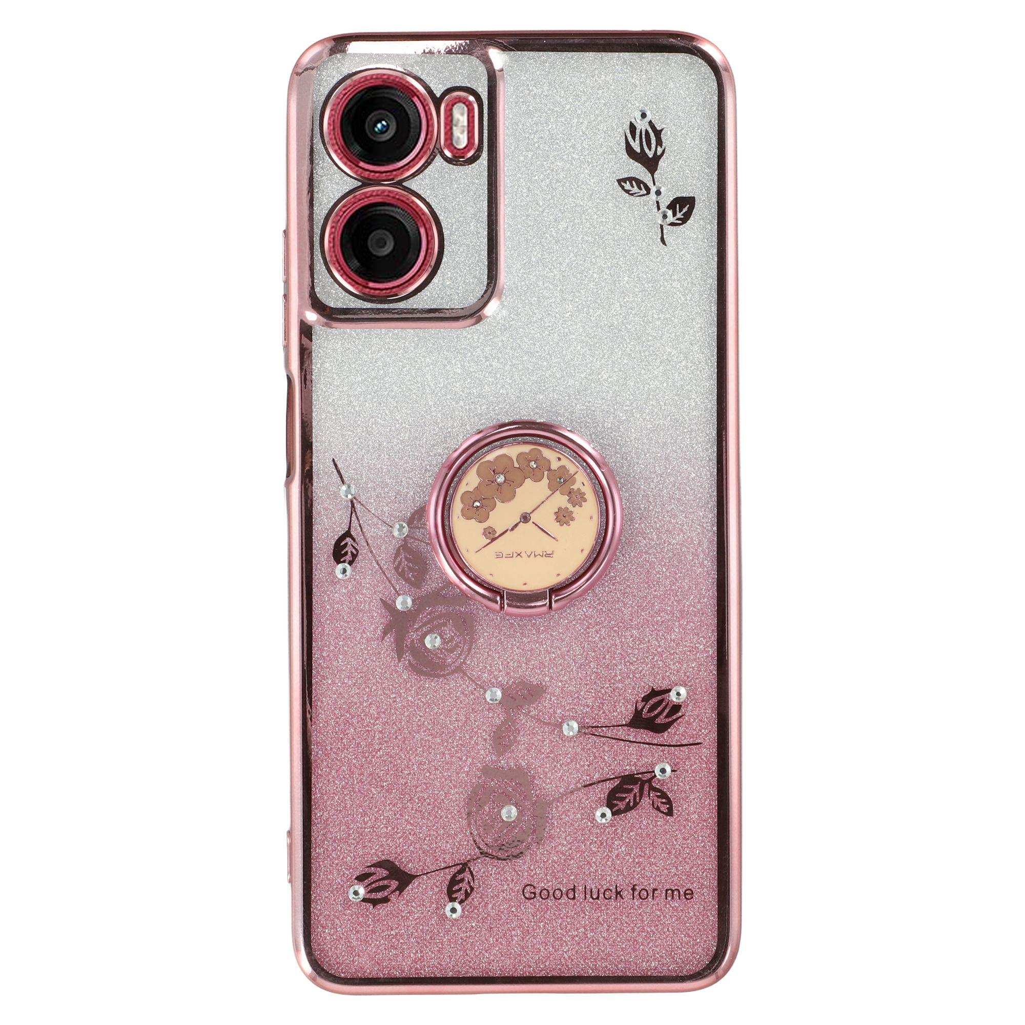 

KADEM For Motorola Moto G05 4G/E15 4G Case Ring Kickstand TPU Flowers Phone Cover Gradient Glitter Rose Gold