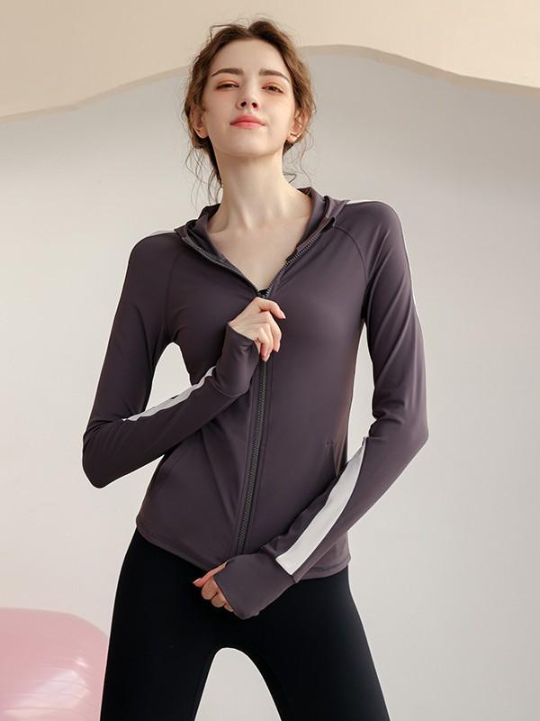 Women's Color Block Yoga Jacket - Hooded, Stretchable, Zipper Cardigan for Fitness