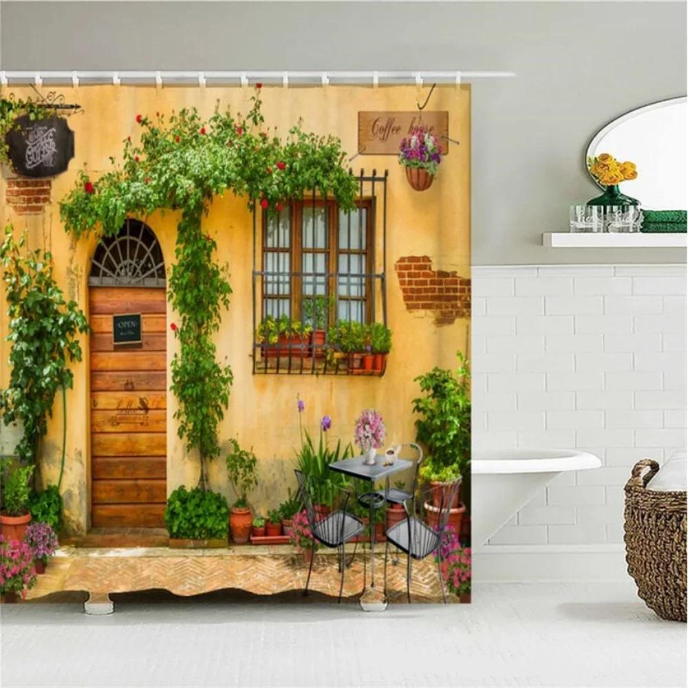 Home Wall Decor European Building Garden Patio Landscape Shower Curtains Bathroom Curtain Waterproof Bath Curtains for Bathroom