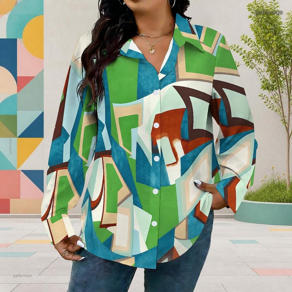 Women Plus Size Multicolor Geometric Printed Collared Long Sleeve Button Front Curved Hem Shirt