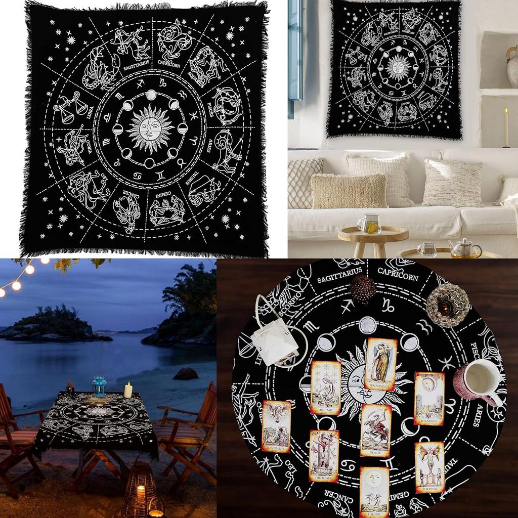 Indian Consigners Altar Cloth Zodiac Astro Witchcraft Alter Tarot Spread Table Cloth Wiccan Spiritual Sacred Cloth (Zodiac Silver)