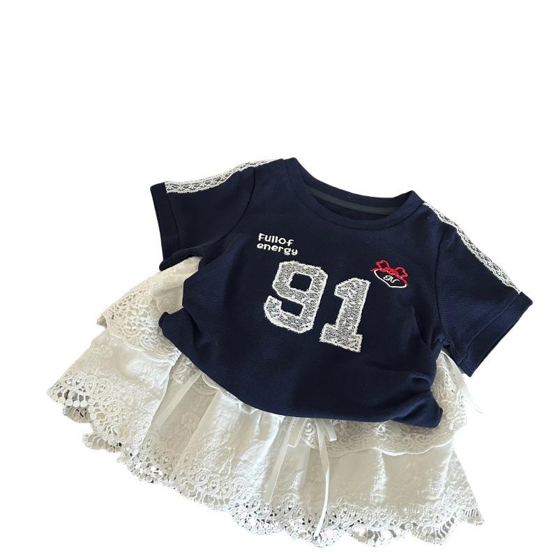 Korean Summer 2025 Girls' Letter T-Shirt & White Lace Skirt Set
