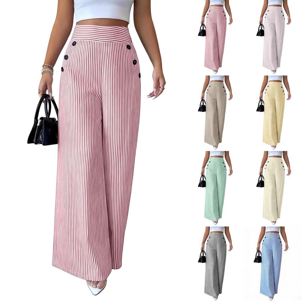 Flowy Pants for Women Casual High Waisted Wide Leg Palazzo Pants Long Trousers with Buttons and Pockets Plus Size