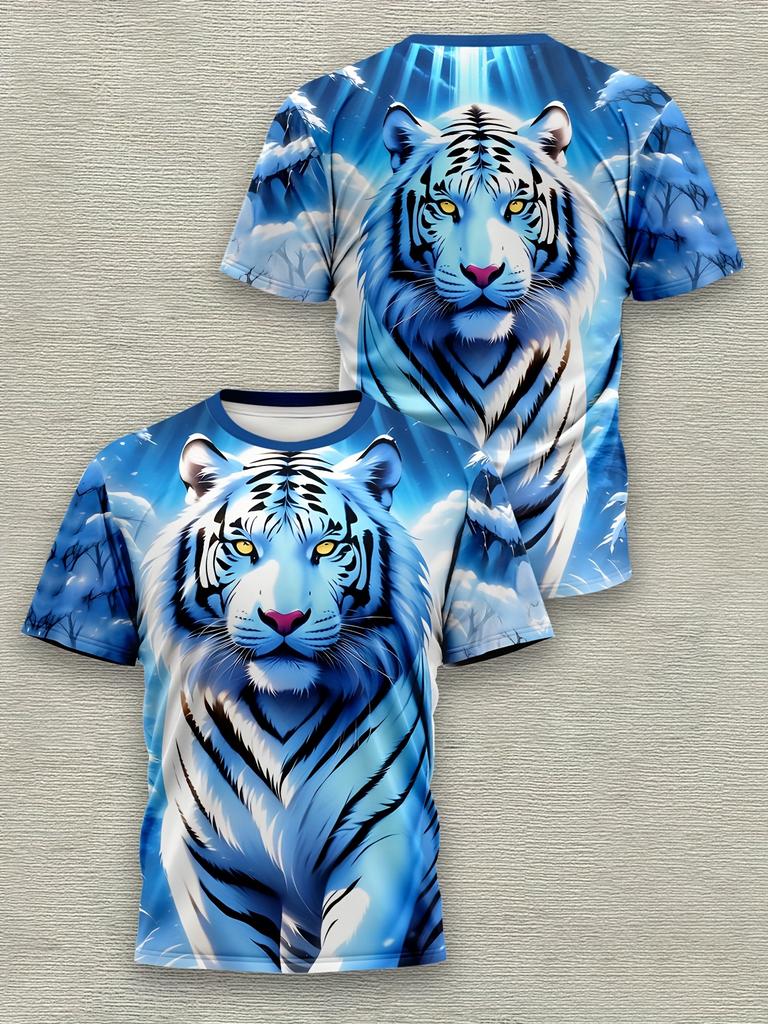 Men'S 3D Tiger Print T-Shirt, Casual Crew Neck, 100% Polyester Knit Fabric, Slight Stretch, Regular Fit, 110gsm - Stylish & Comfortable