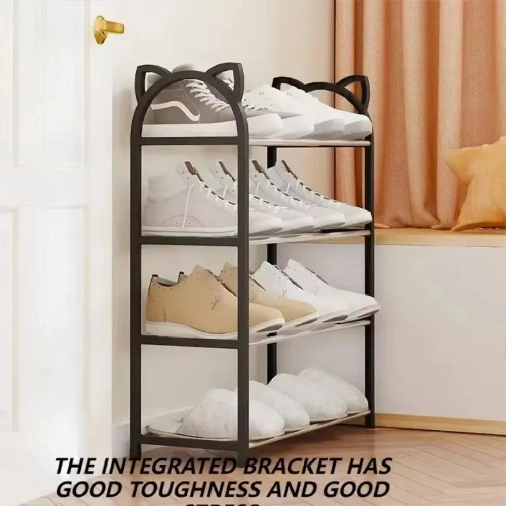 4 Layers Simple Shoe Rack Cat's Ears Design No Hole Assembly Metal Integrated Racks Economical Floor Standing Home Shoe Shelf