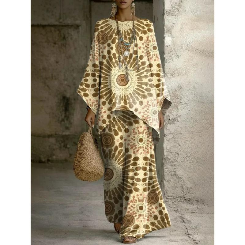 European and American retro bohemian suit exotic 1D printed loose top wide-leg pants temperament casual two-piece set