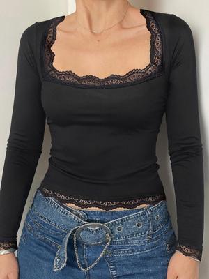 Sweet & Fresh Slim Fit Lace Square Neck Long-Sleeve T-Shirt