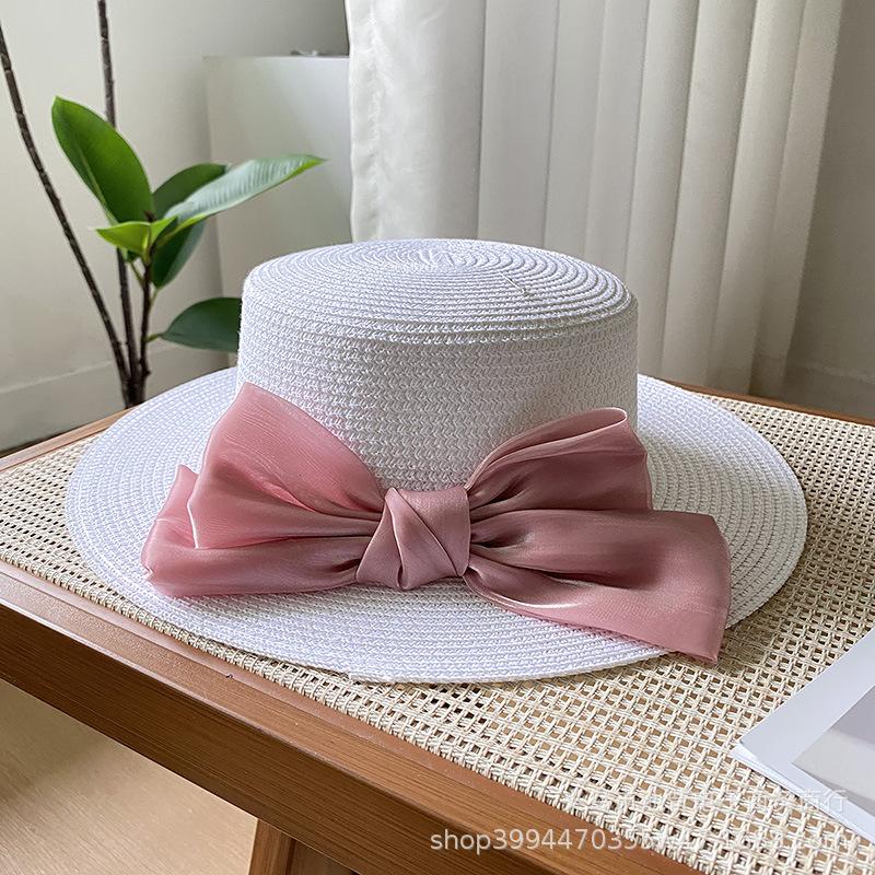 Hat Women's New Spring and Summer Straw Bow Straw Hat Versatile Flat Top Sunscreen Sun Hat Tide