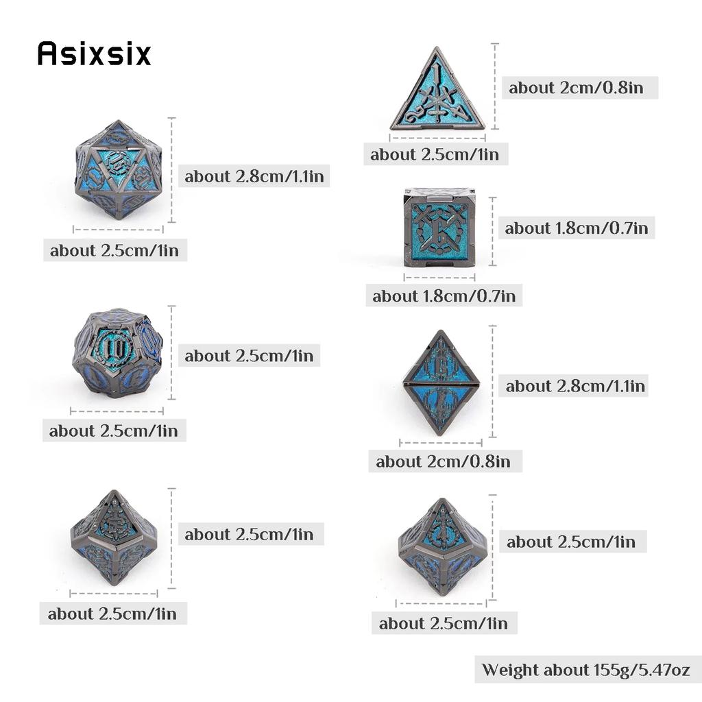 7 Pcs Blue Silver Double Swords Metal Dice Solid Polyhedral Dice Set Suitable For Role-Playing Dice PropBoard Game