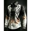 Fashion Men Black White Gradient Shirt Angel Wing Cross Graphic Long Sleeve Slim Club Punk Streetwear Dress Blouse