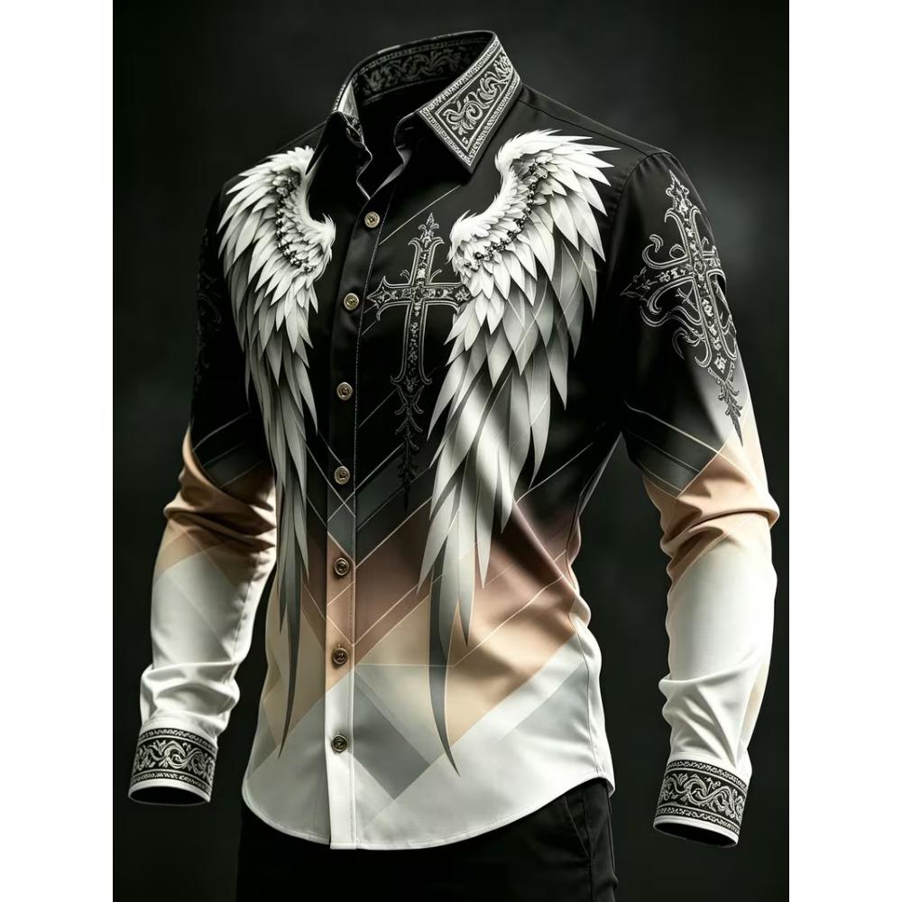 Fashion Men Black White Gradient Shirt Angel Wing Cross Graphic Long Sleeve Slim Club Punk Streetwear Dress Blouse