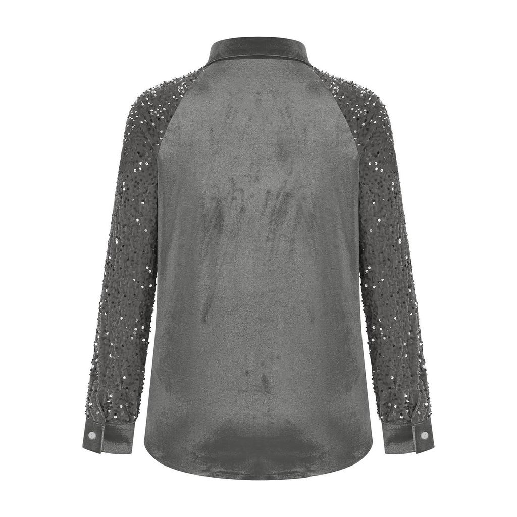 Haut chemise ample à manches longues en velours avec empiècements à paillettes pour femme - Automne