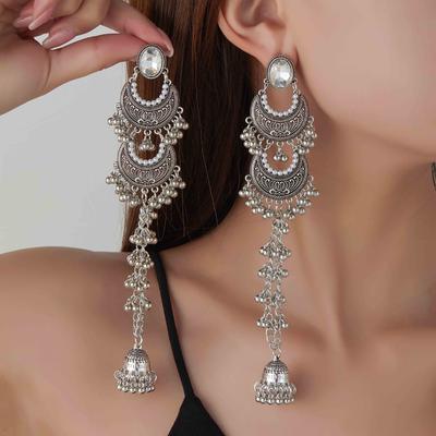 Exaggerated Earrings Bohemian Retro Ethnic Style Carved Alloy Beads Pendant Fringed Ears