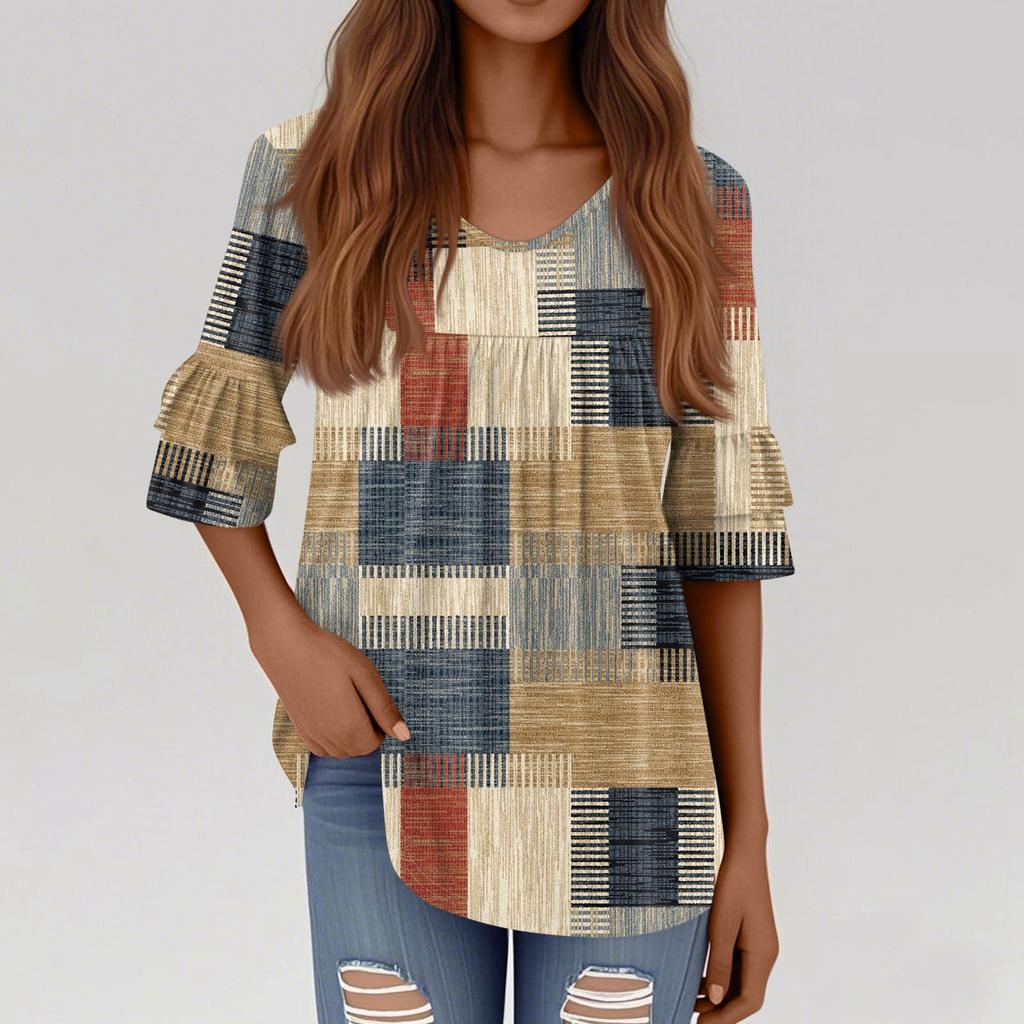 3/4 Length Sleeve Womens Tops Dressy Casual Blouses Bell Ruffle Sleeve Loose Fit Tunic Tops V Neck T Shirts