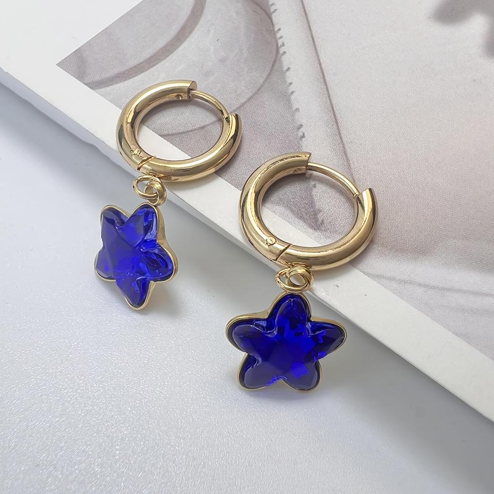 Colorful Glass Diamond Star Earrings: 18K Gold-Plated Stainless Steel, European & American Style