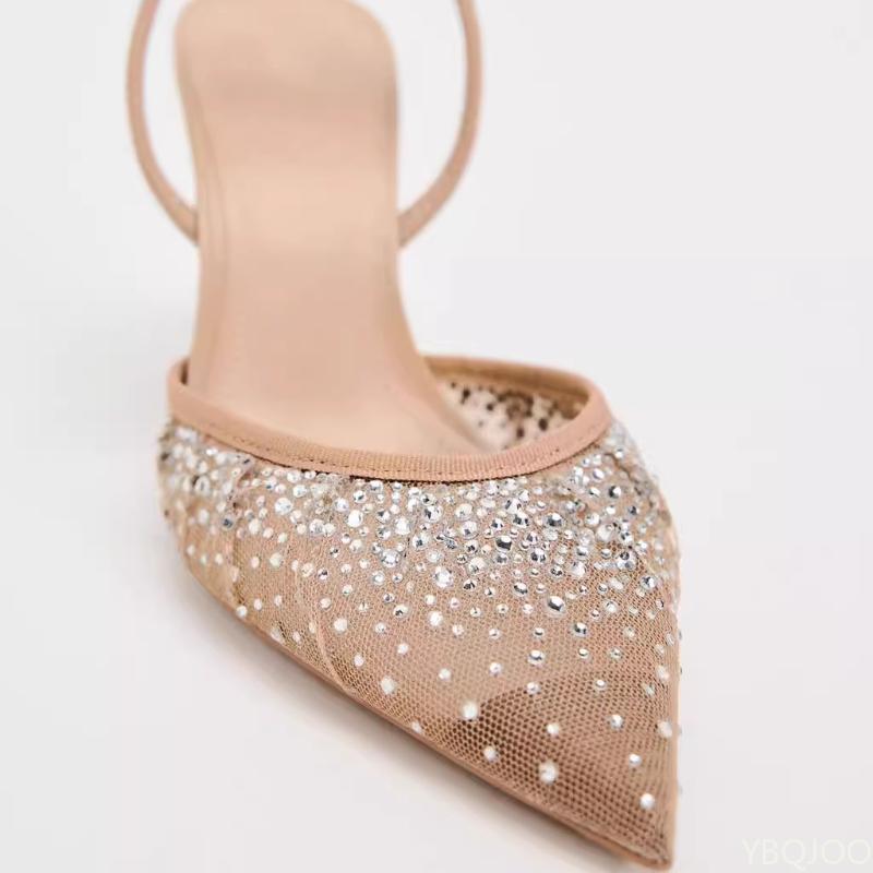 Fashion Women's Summer Sandals New Rhinestone Bright Mesh High Heels Footwear Elegant Slingback Pointed Slip on Party Lady Pumps Shoes