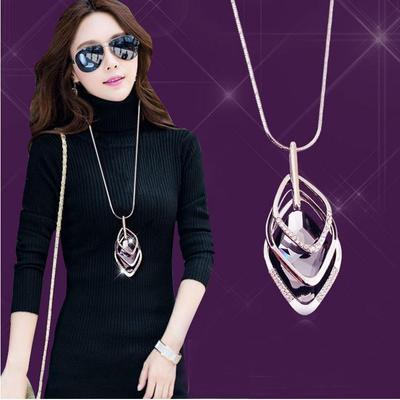 Rhombus Crystal Pendant Diamond Sweater Chain for Women - Korean Style Long Necklace, Autumn/Winter Light Luxury