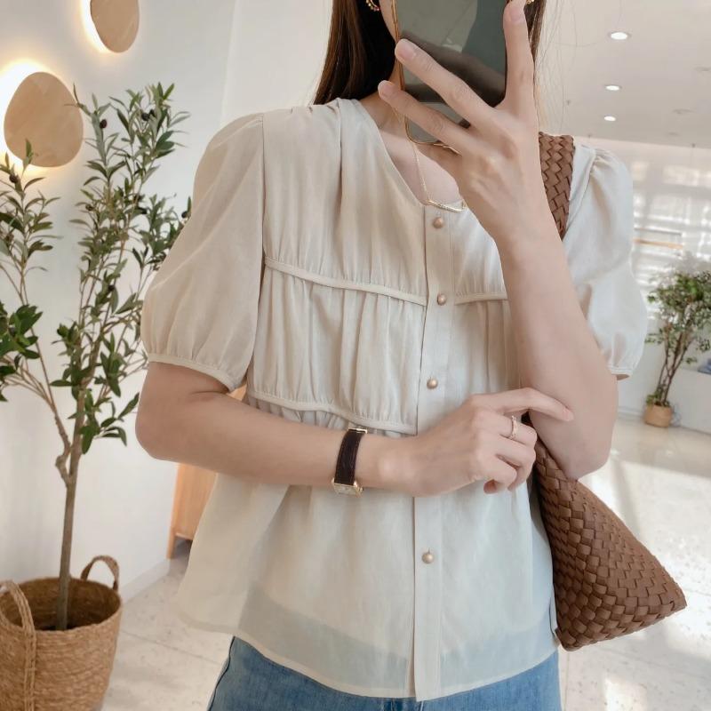 Womens Casual Solid Color Puff Sleeve Button Down Blouse M абрикосовый