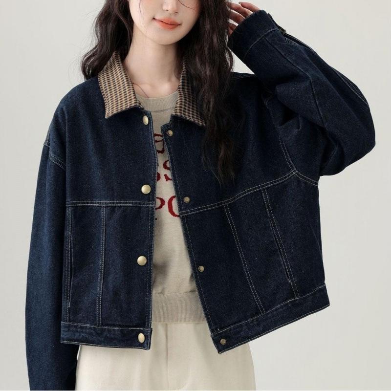 2025 A/W Hong Kong Style Plaid Patchwork Lapel Denim Short Jacket for Women - Trendy Petite Top