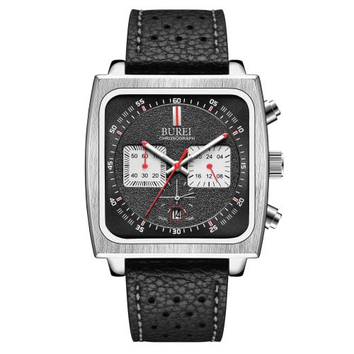 BUREI Men's Chronograph Analogue Watch with Date Display, Water Resistant, Rectangular Face, Black Leather Strap, Limited Edition, Perfect for Busines