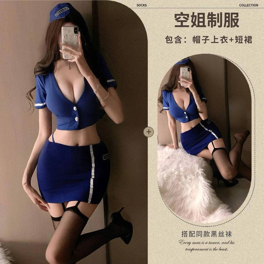Sexy Professional Stewardess Secretary Role Play Hot Deep V Top Hip Wrap Short Skirt Sets Uniform SM Charming  Pure Desire AYKK