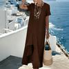 Women’s Short Sleeve Round Neck High Low Hem Maxi Dress with Front Slit Relaxed Fit Casual Style for Everyday Wear