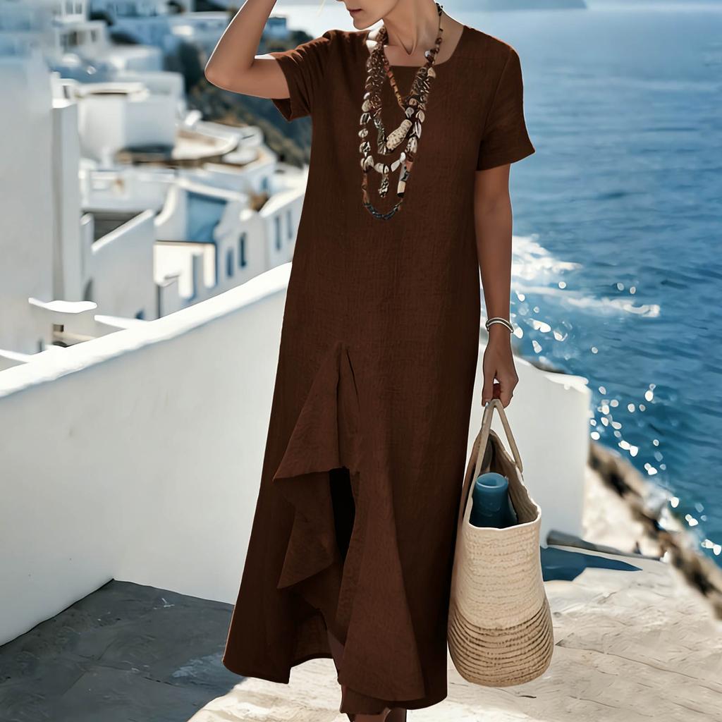 Women’s Short Sleeve Round Neck High Low Hem Maxi Dress with Front Slit Relaxed Fit Casual Style for Everyday Wear