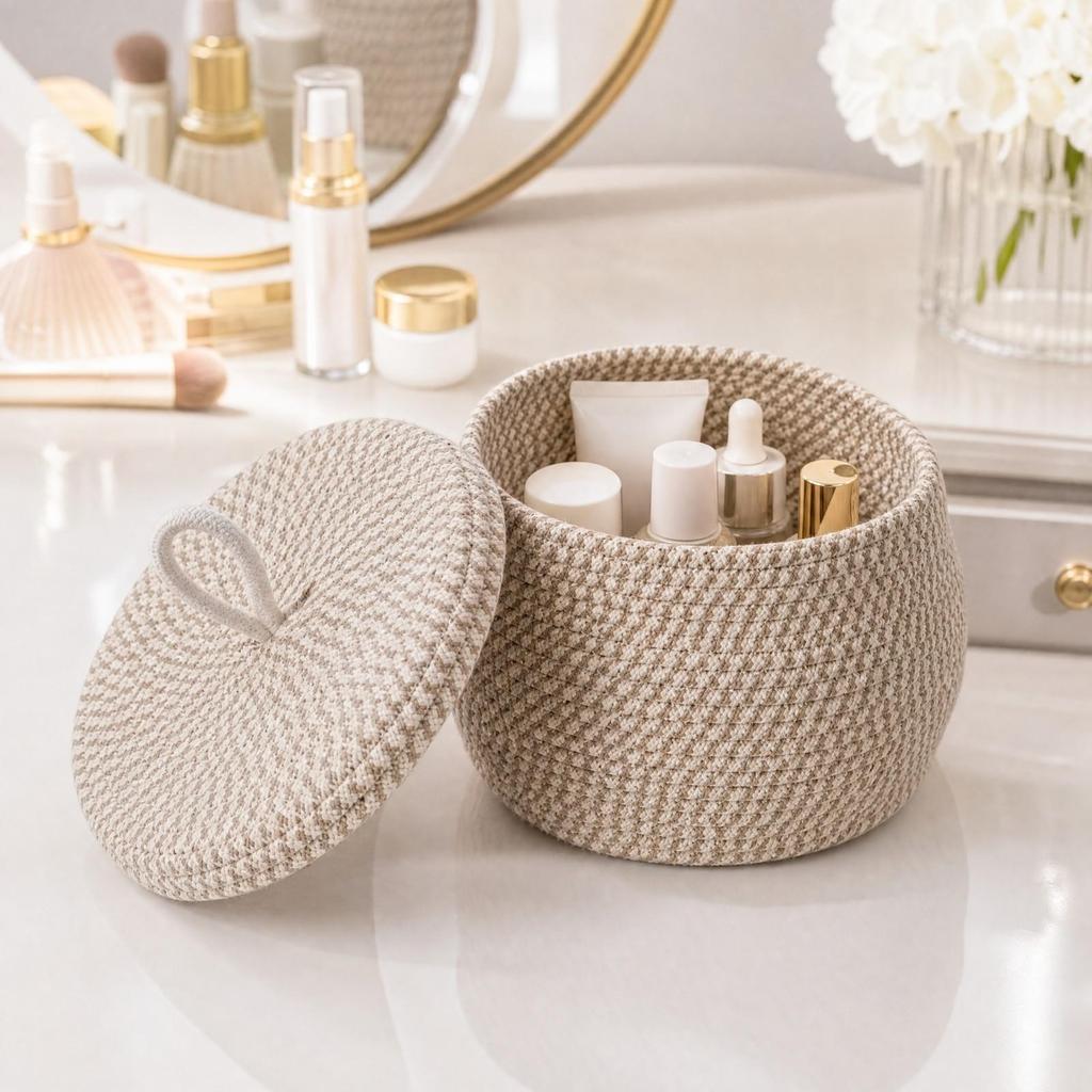 Braided Cotton Storage Basket with Lid for Dressing Areas, Living Areas