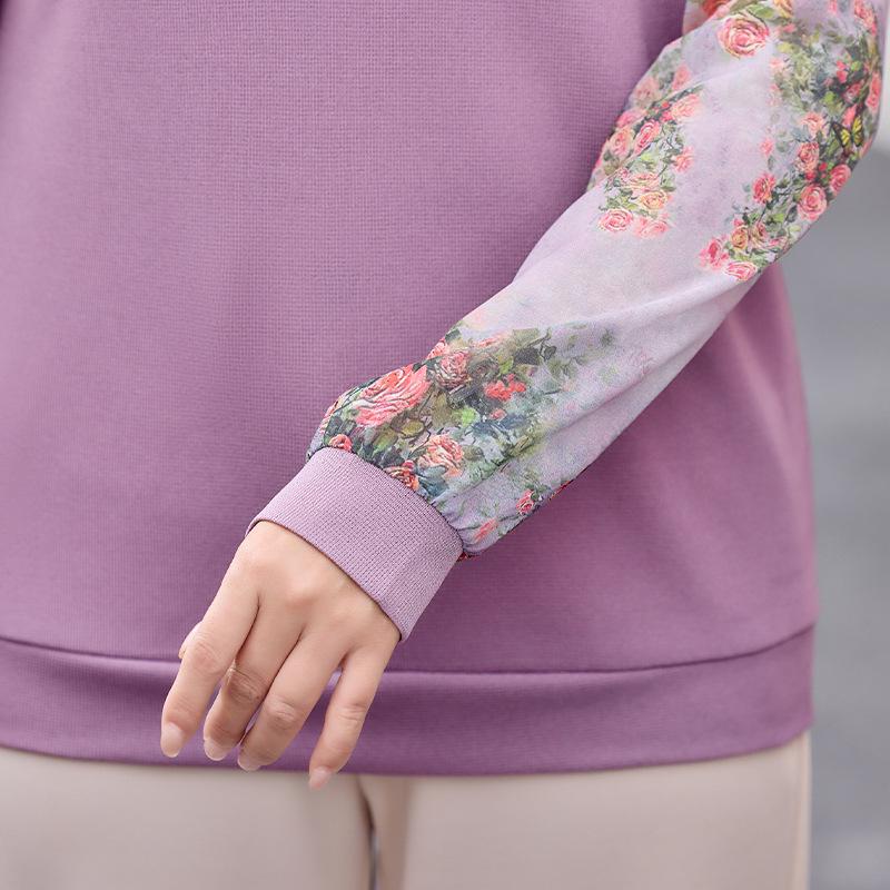 Mom's Spring Chic Chiffon Sleeve Top: Long Sleeve T-shirt for Middle-Aged & Elderly Women