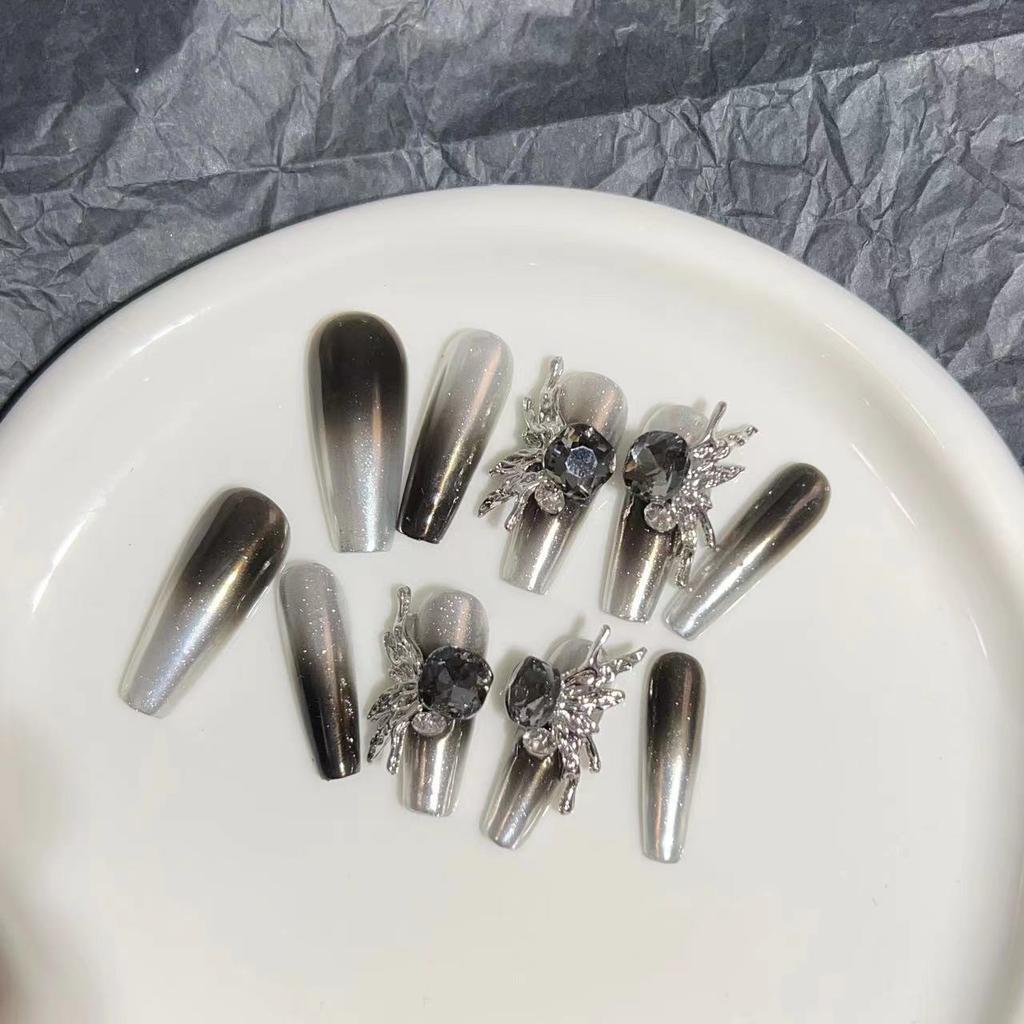 Wearing Armor Pure Handmade Manicure Finished Fake Nail Patch Magic Mirror Black French Metal Angel Wings