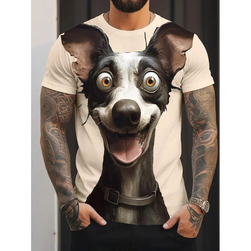 Summer Round Neck 3D Funny Big Eyes Dog Pattern Print Top Fashionable Casual Short Sleeved Men's T-shirts