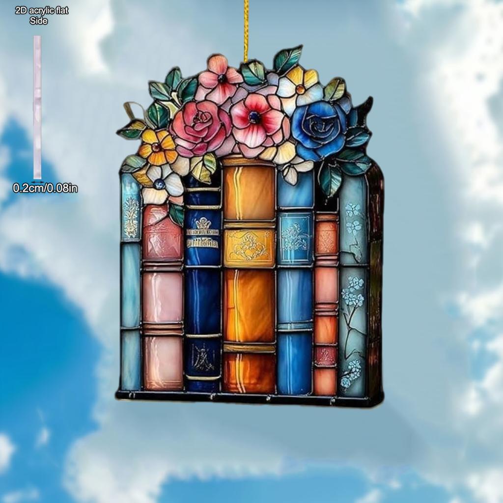 Floral Book Sun Catcher Ornamen Sign, Car Hanging Ornamen, Stained Glaze Acrylic Decor for Book Lovers, Teacher Librarian Gift, Christmas Tree Hangin