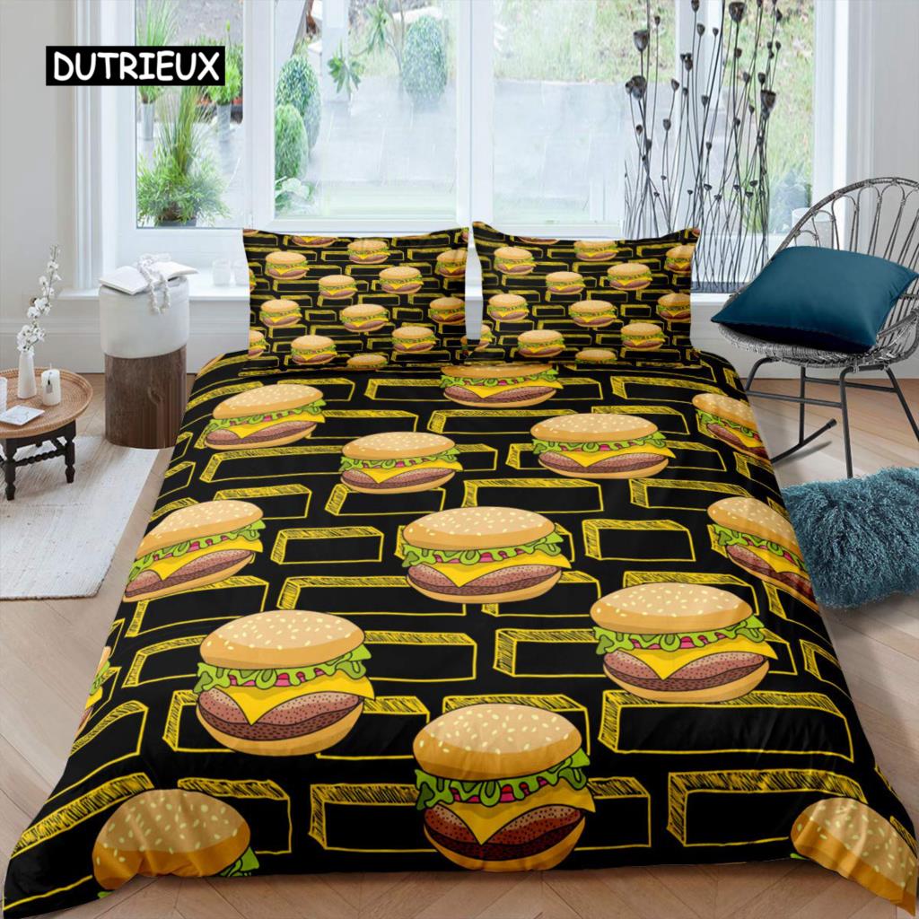 Hamburger Duvet Cover Set Meat Cheese Comforter Cover Fast Food Theme Bedding Set Cartoon Hamburg Pattern Quilt Cover for Kids
