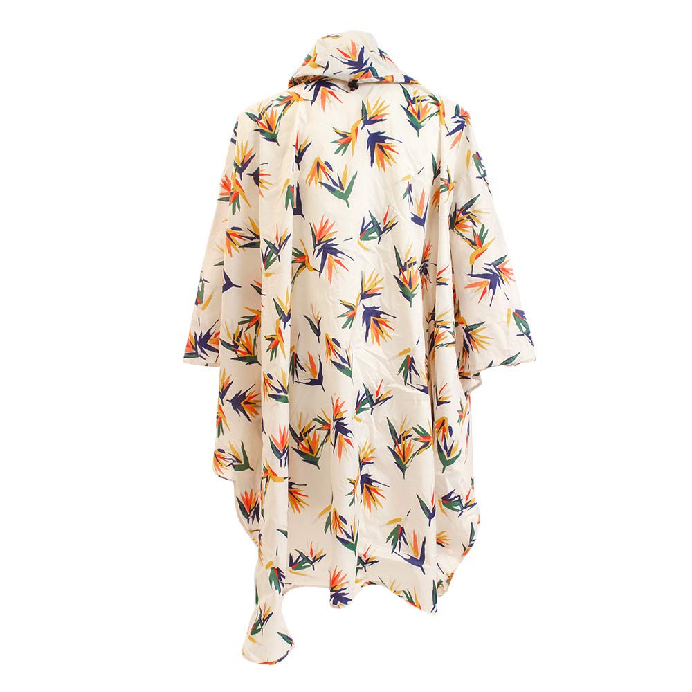 KiU Starkregenponcho für und mit Aufbewahrung und Tropenblumen- und Vogel-Fahrradfahren, Wasserabweisend Wasserdicht, Tasche, Herren Damen, Design, Off-White,