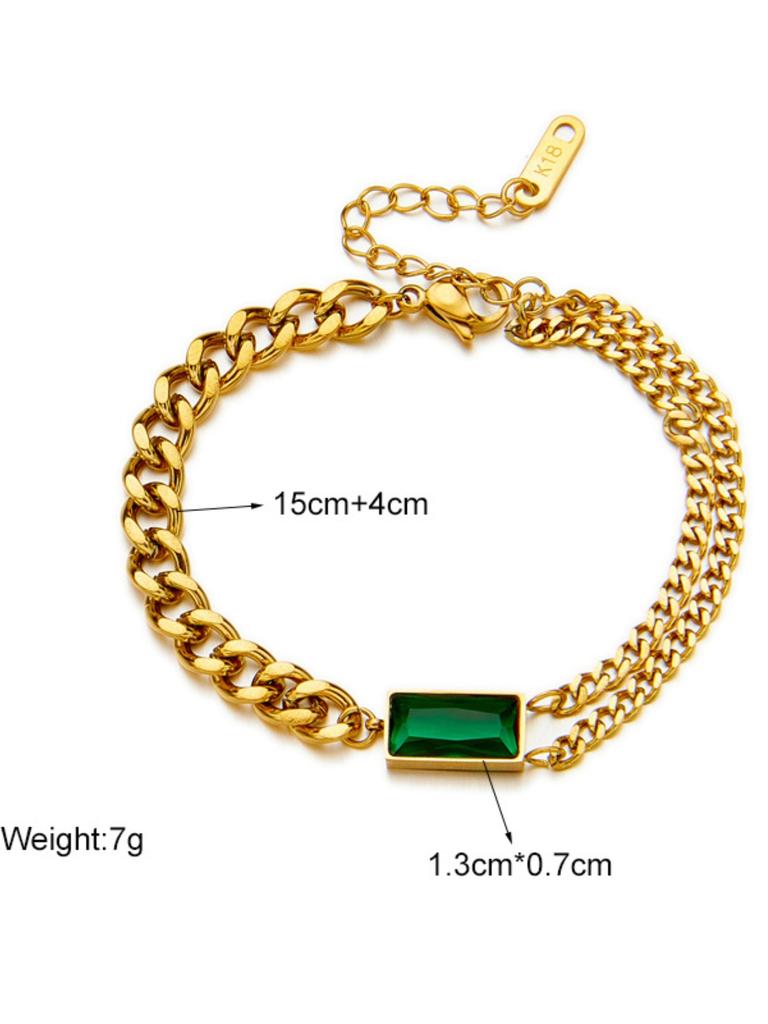 Fashion Simple Luxury Light Gold-Plated Titanium Steel Chain With Diamonds Rectangular Green Diamond Double Chain Simple Square Bracelet Female
